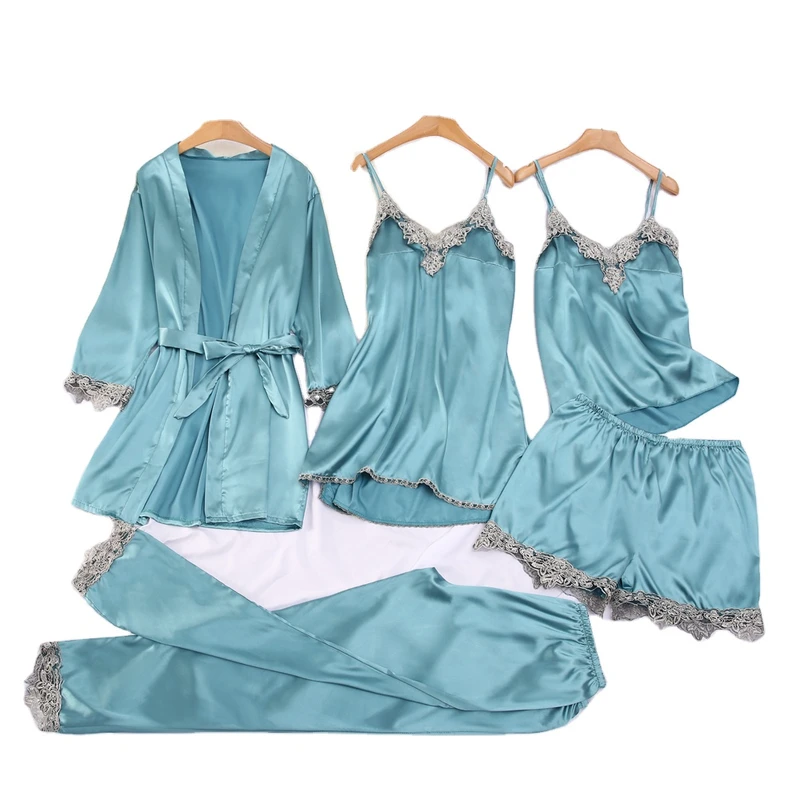 CHINEE Lace 5pcs Soft Silk Pajamas Women Sets Suspenders Nightdress Women's Home Wear Night Gowns Ladies Sleepwear Suit