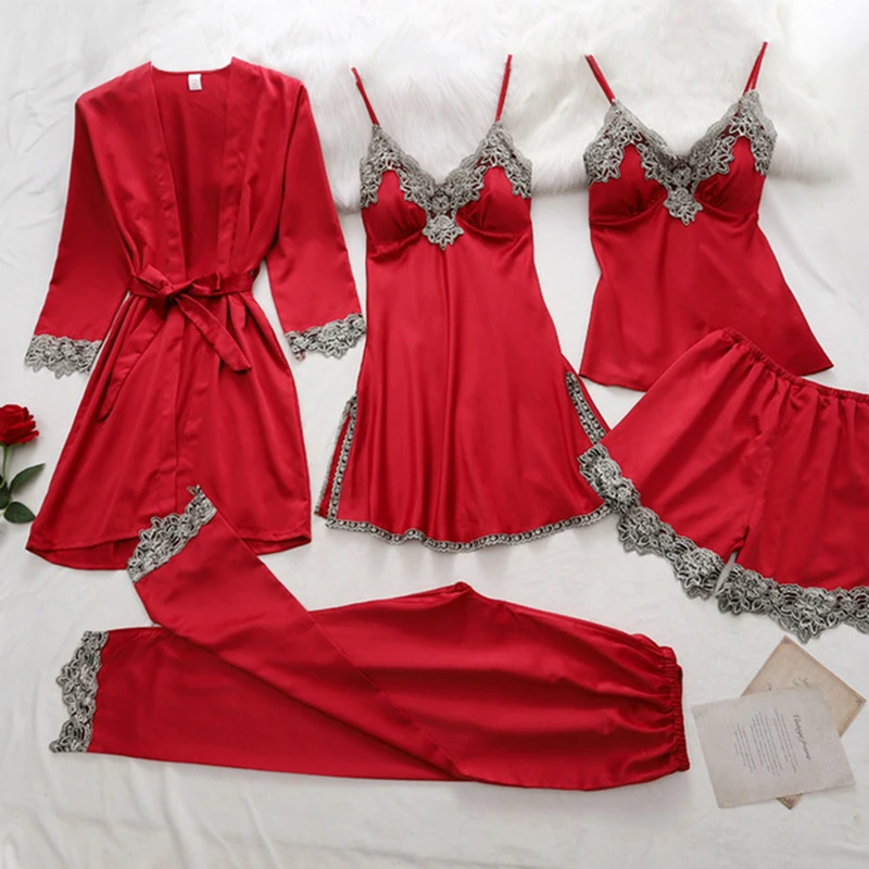 CHINEE Lace 5pcs Soft Silk Women Pajamas Sets Suspenders Nightdress Women's Home Wear Night Gowns Ladies Sleepwear