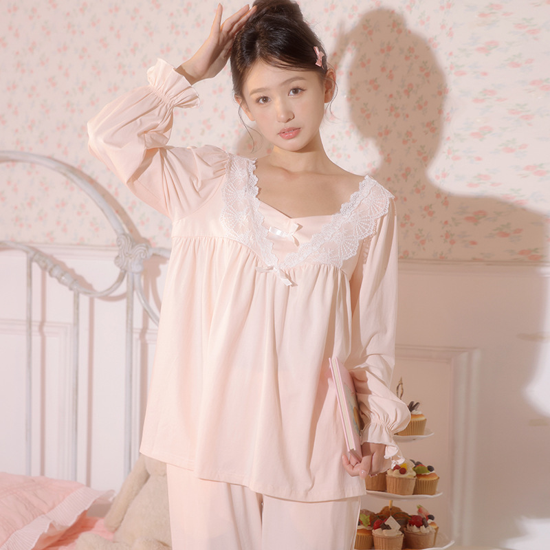 CHINEE Lace Sleepwear Women Pajama Sets Autumn Pants Sets for Women 2 Pieces Long Sleeve Solid Night Wears Ruffles Home Suit New