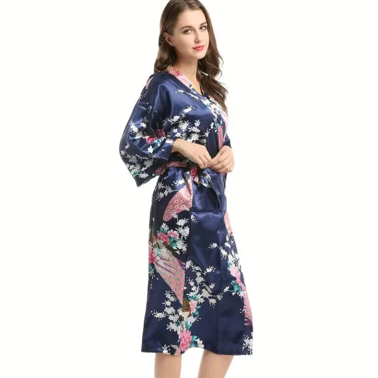 CHINEE Ladies Sexy Long Pajamas Kimono Robe Butterfly Flowers Printing Bathrobe Sleeping Robe Fashion Dressing Robe Female