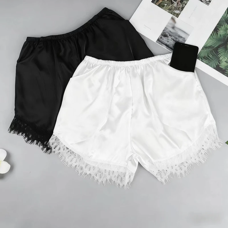 CHINEE Ladies Sexy Silk Knitted Pajama Shorts with Lace Sheer Back Sleep Skirt Elastic Waist Breathable Pockets Summer Style