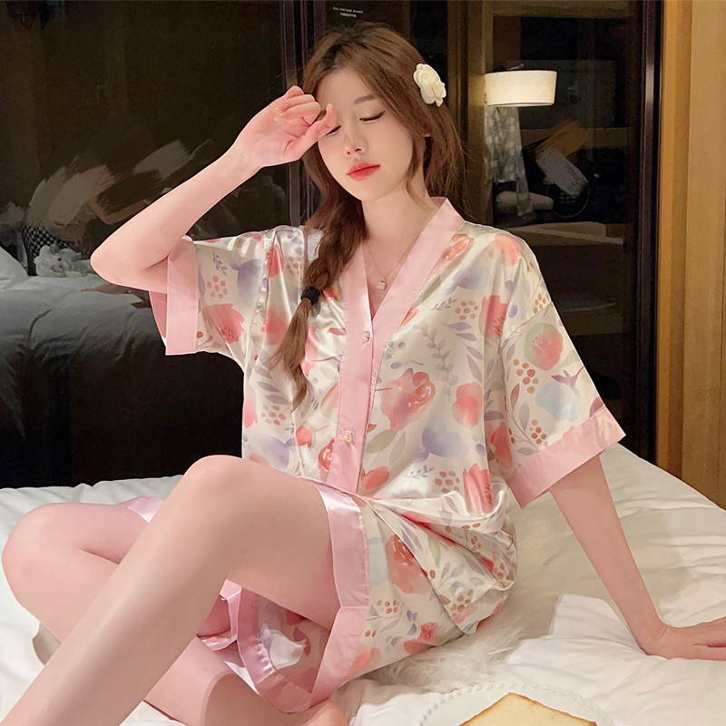 CHINEE Lady's Summer Satin Silk Pajama Set Short Sleeved Nightgown Home Clothing for Women's Sleepwear Ladies' Home Clothing