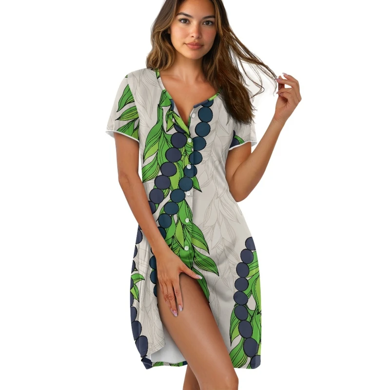 CHINEE Latest Design Custom Hawaii Life Mokihana Lei Print Large Size Loose Short Sleeve Round Neck Button Nightdress Print on Demand