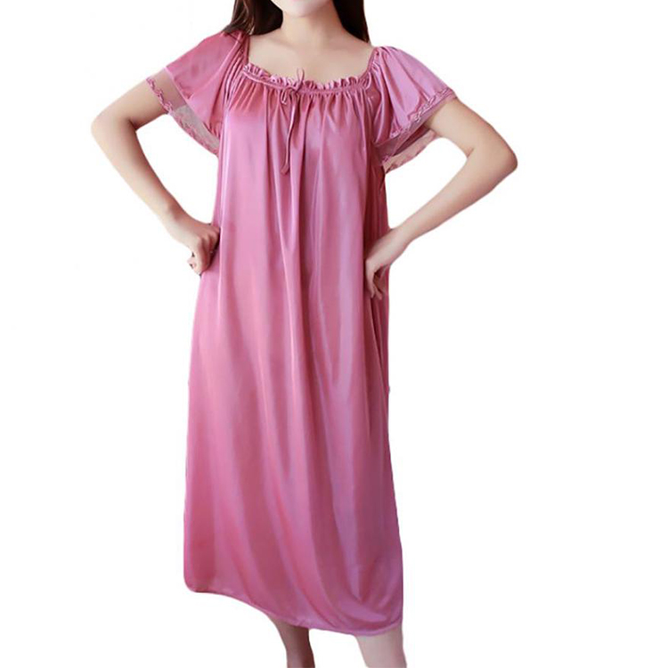 CHINEE Summer Women's Comfortable Loose Oversize Satin Nightdress Colorful Short Sleeve Knee Length Sleepwear Made Silk Fabric