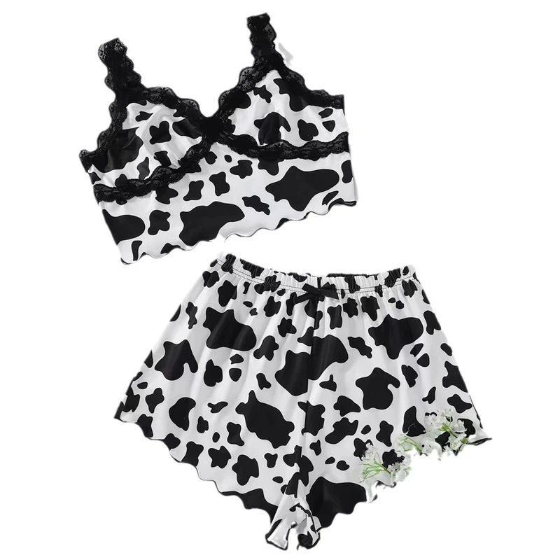 CHINEE Leopard Print Camisole Top Milk Silk Lace Shorts Elastic Waist Homewear Pajama Set Women's Clothing