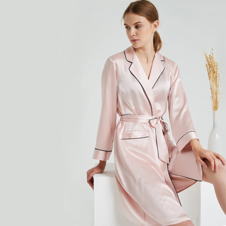 CHINEE Light Pink Silk Pocket Robe Real Silk Robe Short Silk Kimono Robe