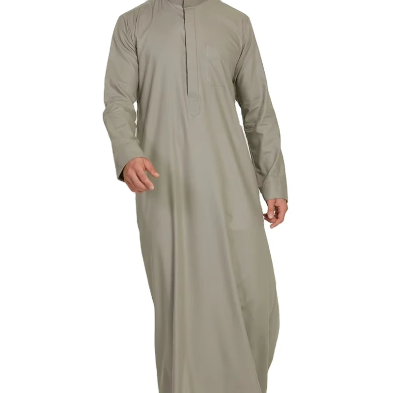 CHINEE Lightweight Breathable Cotton Men's Moroccan Thobe Jubbah Neck Long Sleeve Ankle Length Four Way Stretch Arabic Modest Islamic