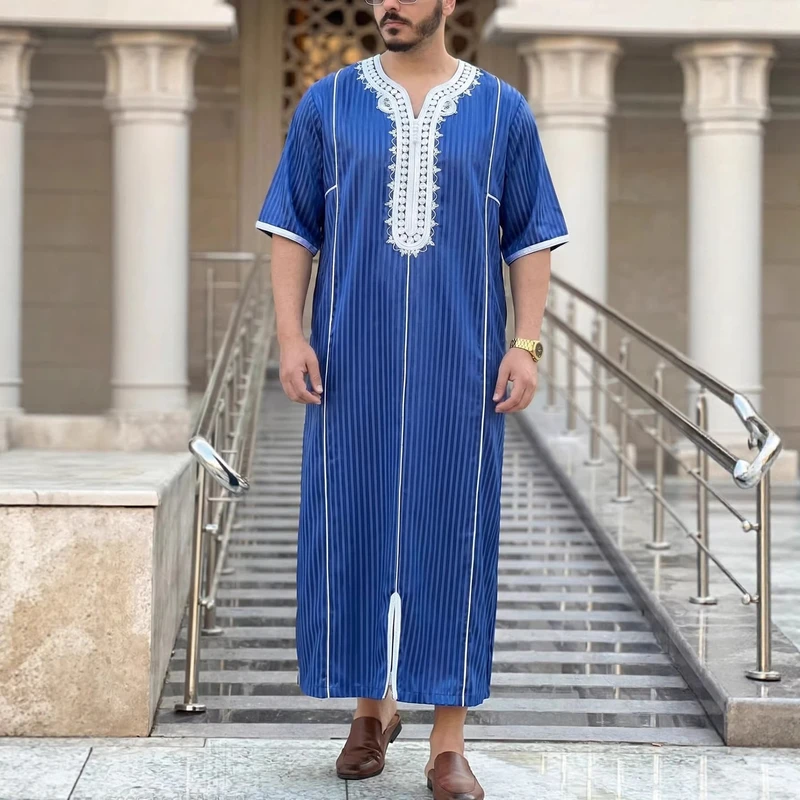 CHINEE Lijia Men's Robe Saudi Dubai Arabian Robe Robe Mosque Party Short Sleeve Breathable Lightweight Embroidered Robe
