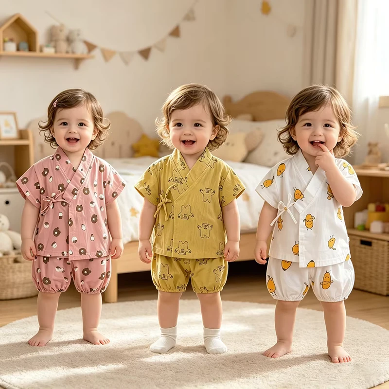 CHINEE Linen Cotton Children Short Sleeve Pajamas Set Summer 2-Piece Sleepwear 0-4 Years Toddler Clothing Newborn Baby Boy Girl Clothes