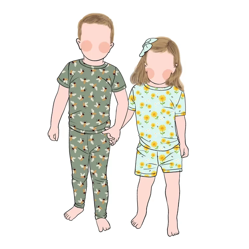 CHINEE Little Glow Kid High Quality Summer Cool Lightweight Bamboo Kids Pajamas Set With Shirt And Shorts For Brother And Sister
