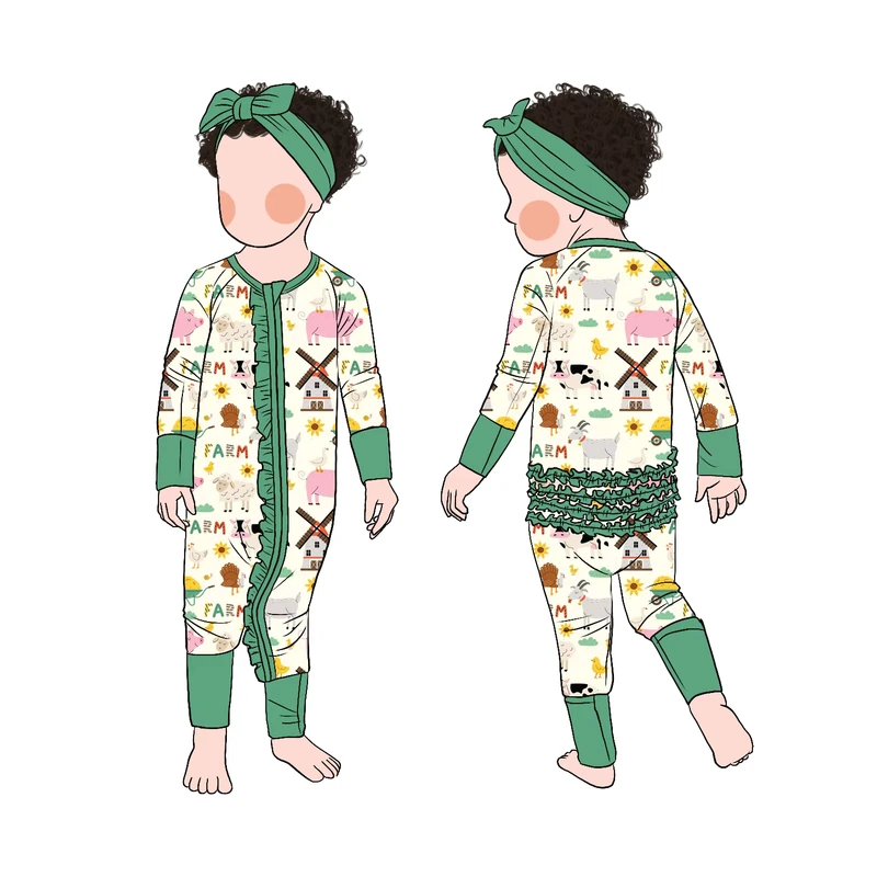 CHINEE Little Glow Kids Cute Pattern Printed Bamboo Girls Butt Ruffle Romper Pajamas for Kids and Baby Children