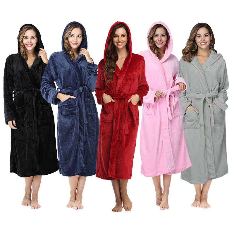 CHINEE Local Stock Plush Oversize Winter Soft Warm Long Flannel Quality Bathrobe with Hooded Women Thick Night Fleece Bath Robes