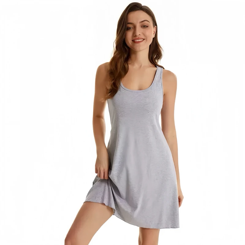 CHINEE Logo Customize Cotton Night Dress Stretchy Nightgown Solid Black Ivory Sleep Dress Nuit Slim Fit Knee Length