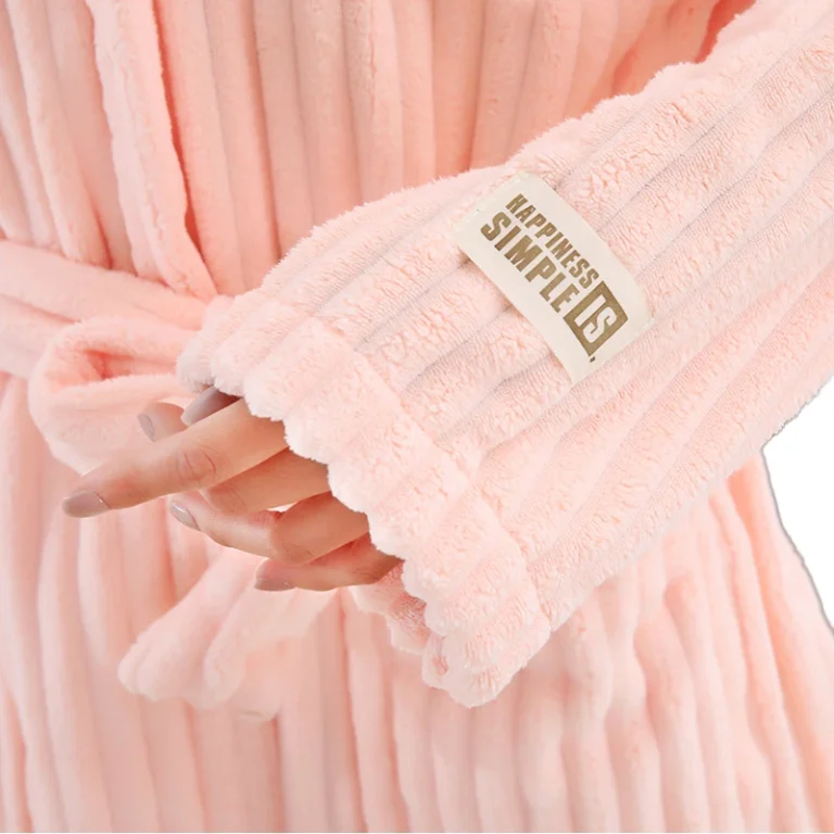 CHINEE Long Elegant Striped Hooded Bathrobe in Coral Velvet Soft and Absorbent for All Seasons Belted Outerwear Robe