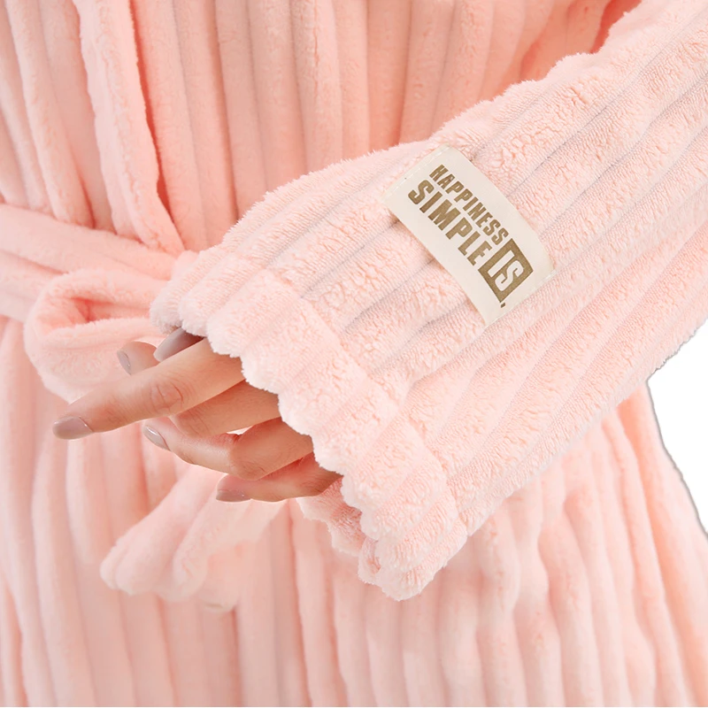 CHINEE Long Elegant Striped Hooded Bathrobe in Coral Velvet Soft and Absorbent for All Seasons Belted Outerwear Robe