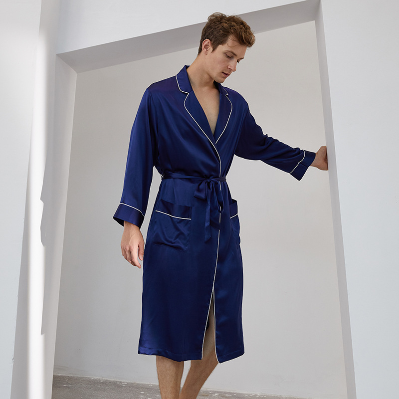 CHINEE Long Home Wear Pajamas Chinese Silk Robe Mens Silk Nightgown Men Satin Silk Sleepwear Bathrobe for Home Hotel Spa