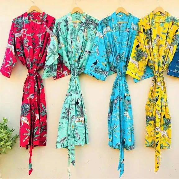 CHINEE Long Kimono Rob Summer Womens Vacation Holiday Look Cardigan Block Printed Bathrobe Beach Kimono Robe