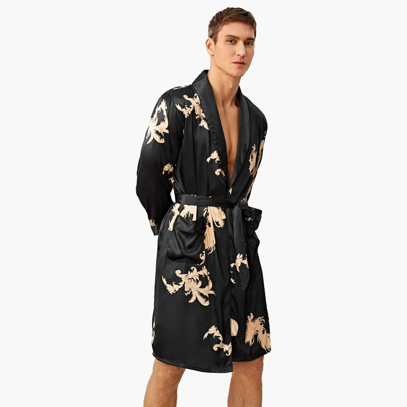 CHINEE Long Sleeve Casual Men's Bathrobe Tribal Print Luxury Silk Mens Satin Robe With Shorts Set Custom Men Breathable Kimono Robes