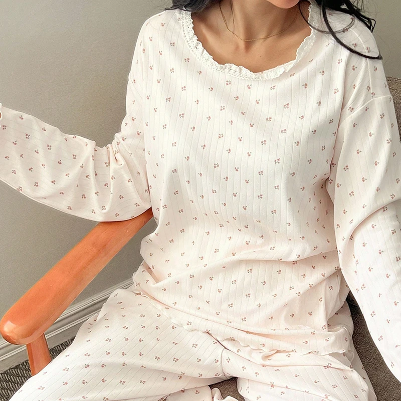 CHINEE Long Sleeve Floral Print Cotton Pyjamas With Lace Trim Custom Stripes Women Bamboo Pajamas Modal Loungewear Women Set