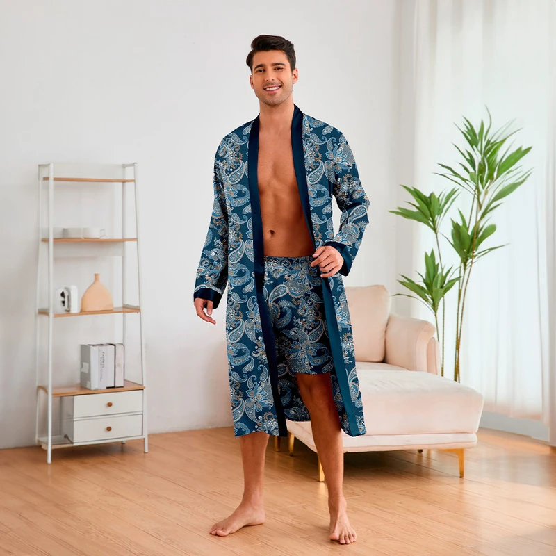 CHINEE Long Sleeve Satin Bathrobe Men's Ice Silk Pajamas for Europe America Summer Nightgown Home Clothes