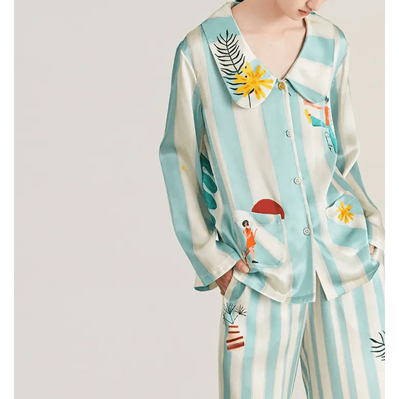 CHINEE Long Sleeve Sleepwear for Women Button up Shirt and Pant Print Women's Home Wear Two Piece Pajama Sets