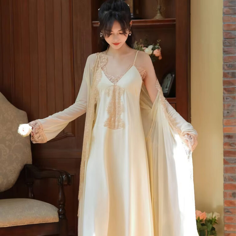 CHINEE-Long-sleeved-Nightgown-Womens-Breast-Pad-Slip-Nightdress-Cotton-Pajamas-Gauze-Dressing-Gown-Home-Suit
