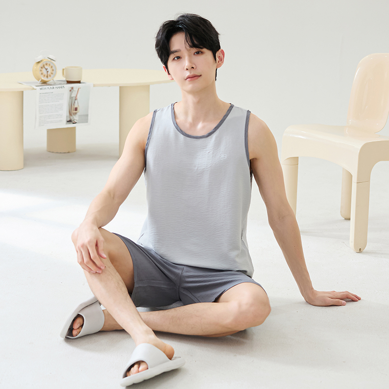 CHINEE LongD Men's Knitted Combo Pajama Tank Top Shorts 100% Polyester Home Wear Casual Breathable Soft Comfortable Gentle on the Skin