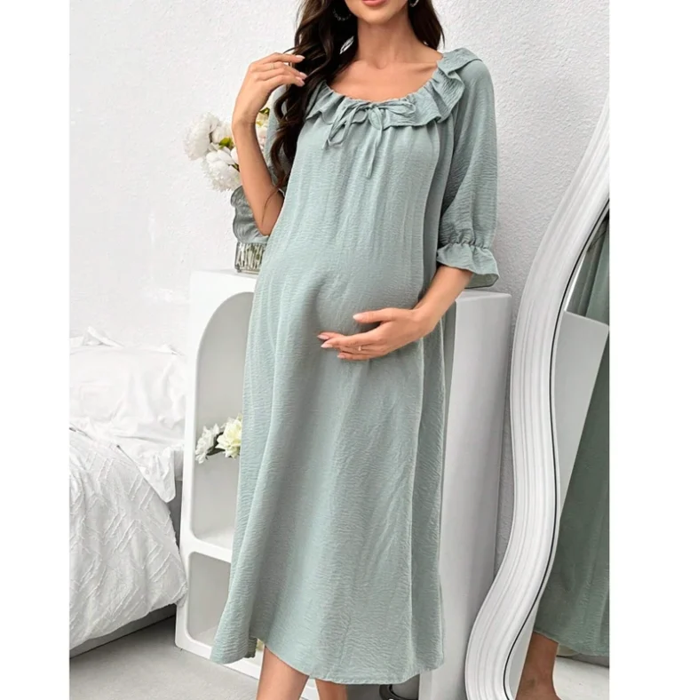 CHINEE-Loose-Maternity-Sleep-Dresses-With-Flounce-Collar-Front-Knot-Cotton-Pajamas-Night-Dress-Womens-Nightgown