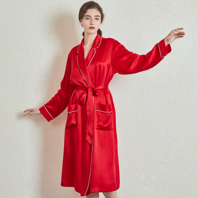 CHINEE Low Moq Silk Robe Long Silk Robes Women Luxury Red Bath Robe Luxury Silk Solid Color Contrast Trim Long Sleepwear