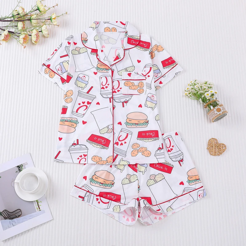 CHINEE Lushwin Women's Food Hamburger Print Plus Size Two Piece Lounge Wear Summer Family Matching Sleepwear with Front Logo