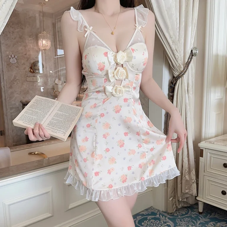 CHINEE-Luxurious-Summer-Printed-Satin-Pajamas-Plus-Size-A5514-Deep-V-Neck-Backless-Design-with-Chest-Pad-Camisole-Knee-Length-Set