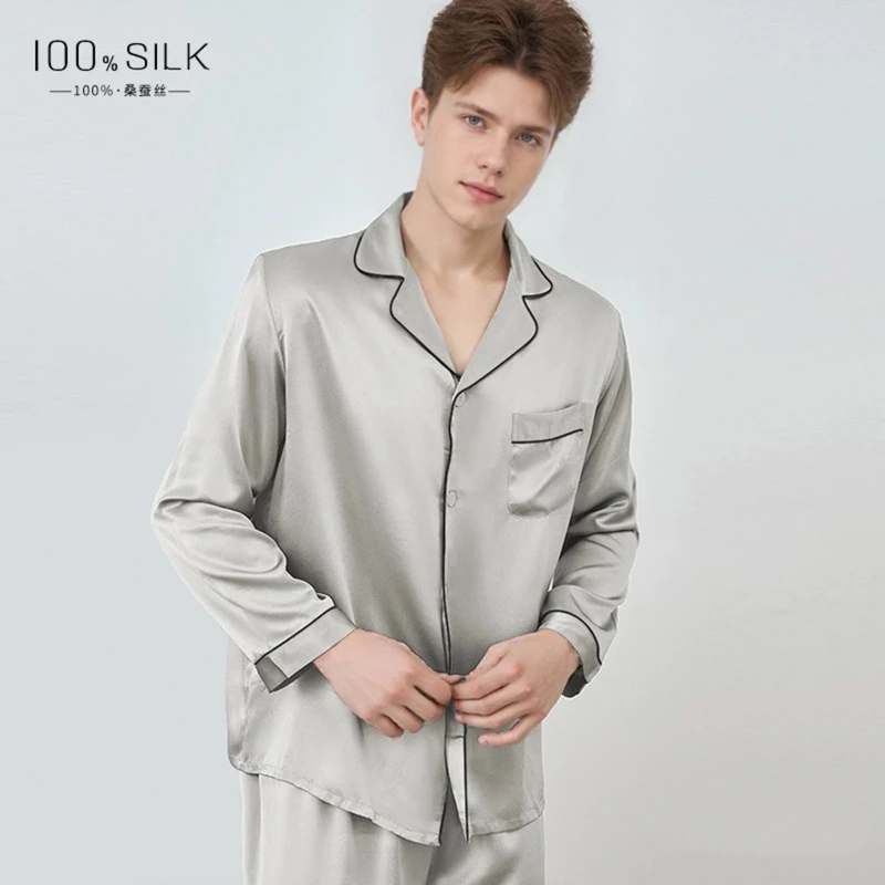 CHINEE Luxurious Two Pieces Printed Silk Pajama Sets Men's 100% Organic Silk Pajamas Custom Size Men's Silk Sleep Wear