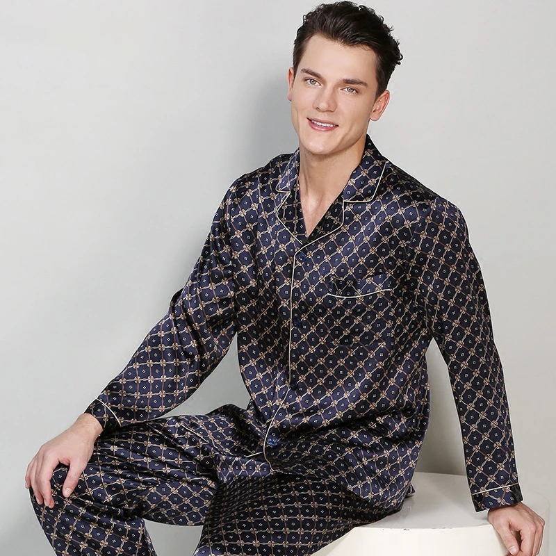 CHINEE Luxurious Two Pieces Printed Silk Pajama Sets Men's 100% Silk Pajamas Silk Sleepwear for Men