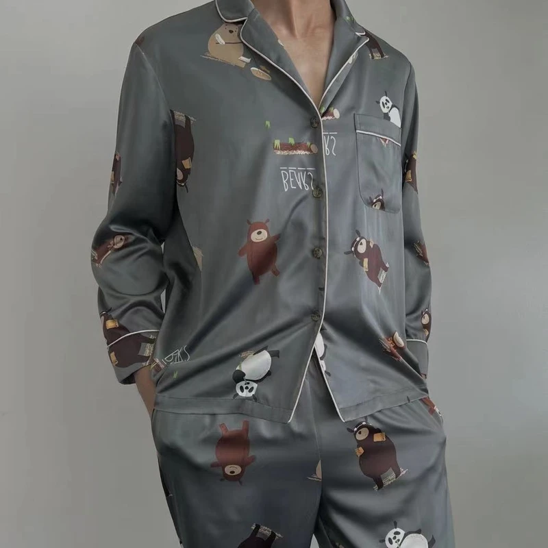 CHINEE Luxury 100% Organic Silk Pajama Sets for Men Custom Size Two Piece Printed Silk Sleep Wear Animal Men's Luxury Silk