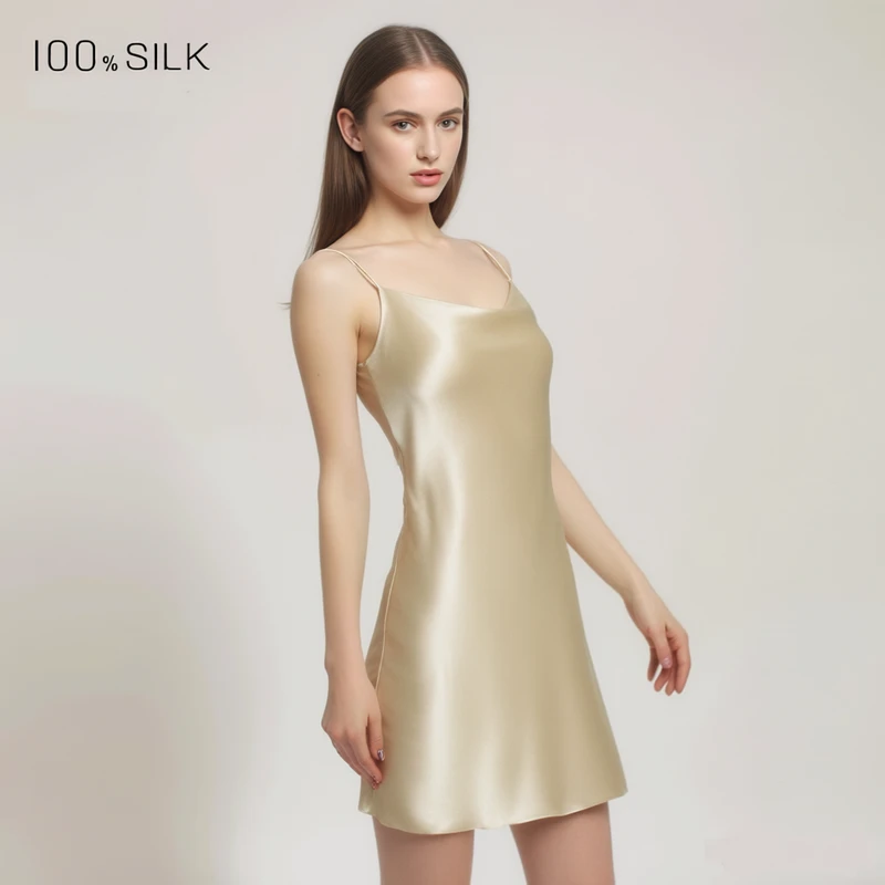 CHINEE Luxury 100% Pure Mulberry Silk Pajamas Women Elegant Breathable Solid Soft Robe Nightdress Summer Fashion Silk Pajamas