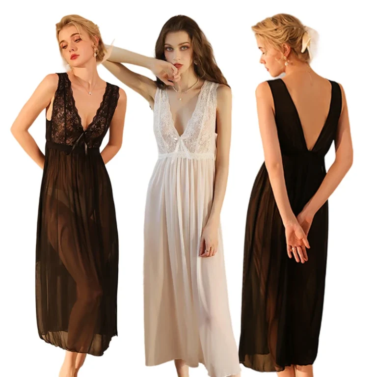 CHINEE-Luxury-Breathable-Soft-Solid-Mesh-Long-Sleepwear-Sexy-Perspective-Nightdress-for-Women-Summer-Spring-Autumn-Woven