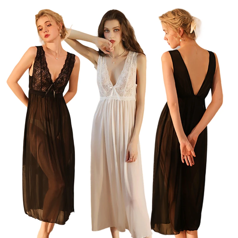 CHINEE Luxury Breathable Soft Solid Mesh Long Sleepwear Sexy Perspective Nightdress for Women Summer Spring Autumn Woven