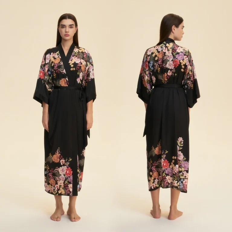 CHINEE Luxury Floral Kimono Robe Silk Satin Printed Long Robe for Women Supply for All Seasons