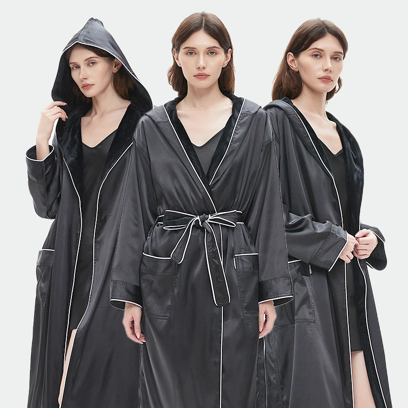 CHINEE Luxury Long Sleeve Satin Bathrobe Velvet Black Elegant 5star Hotel Robe Femme Morning Gowns Bath Home Women Robes