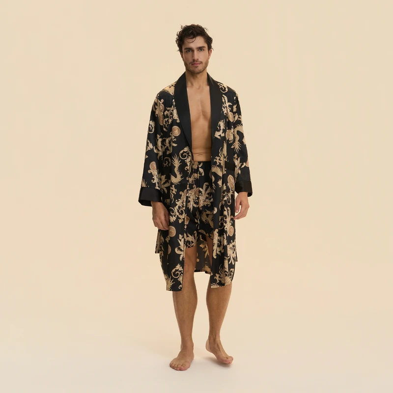 CHINEE Luxury Men's Satin Breathable Kimono Style Long Sleeve Robes with Pockets 95% Polyester Machine washable for Nightwear