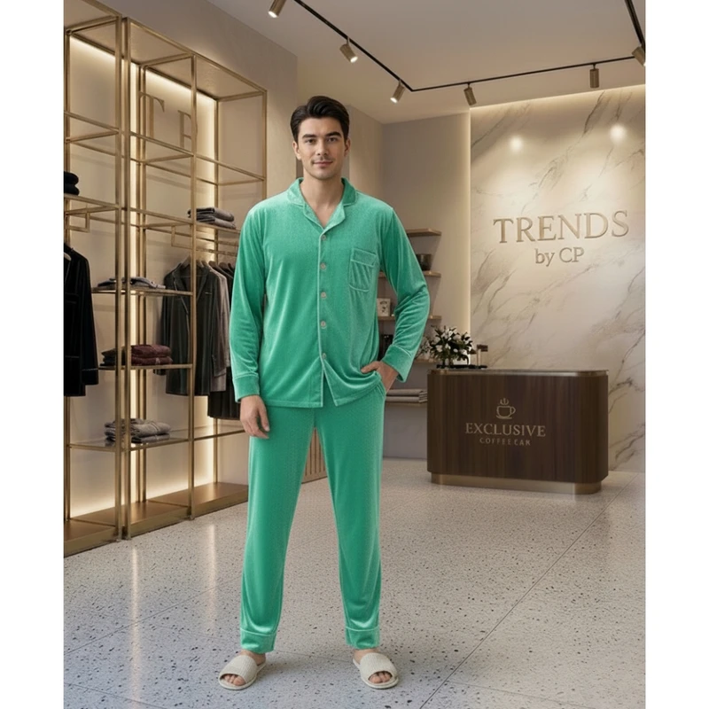 CHINEE Luxury Men's Velvet Pajama Set Winter Warm Eco Friendly Anti Bacterial Soft Nightwear Piped Trim Pockets Double Fabric French