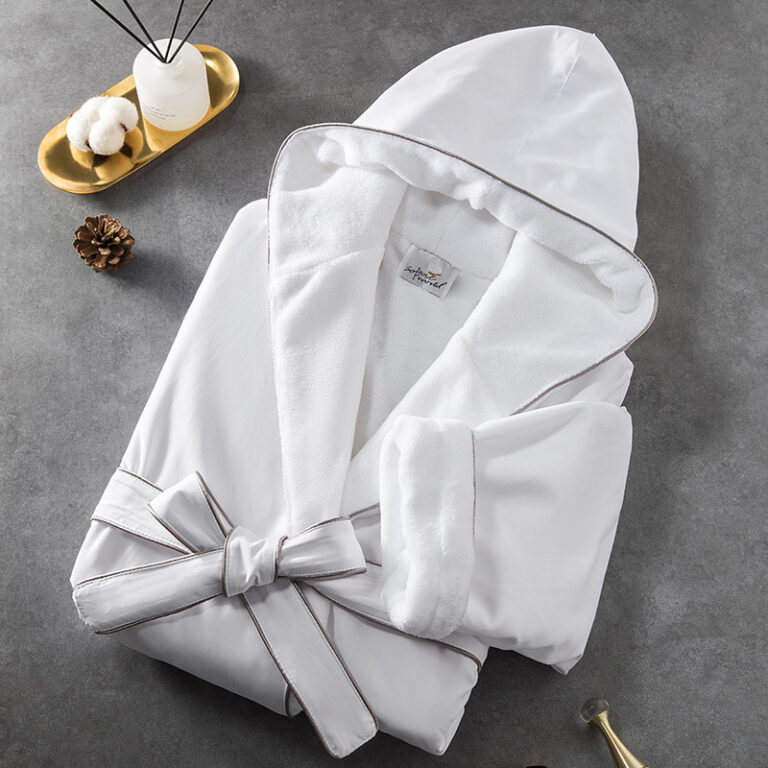 CHINEE Luxury Plush Hooded Bathrobe White Terry Robe With Grey Piping Children Adults Unisex Spa Dressing Gown For Home Bathroom Use