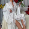 CHINEE Luxury Satin Kimono Robe for Women Long Sleeve Lounge Wear Elegant Bathrobe with Lace Trim Sleepwear