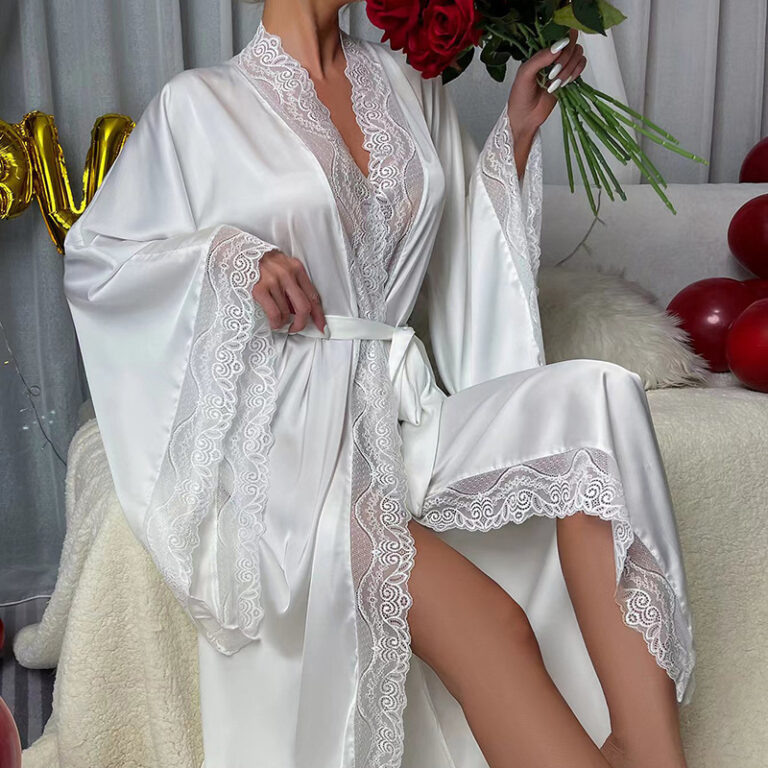 CHINEE Luxury Satin Kimono Robe for Women Long Sleeve Lounge Wear Elegant Bathrobe with Lace Trim Sleepwear