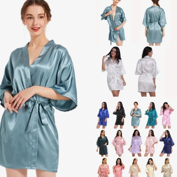 CHINEE Luxury Silk Robes Women Sexy Pajamas Lingerie & Bath Knee Length Spa Robes Solid Polyester Robes Loungewear