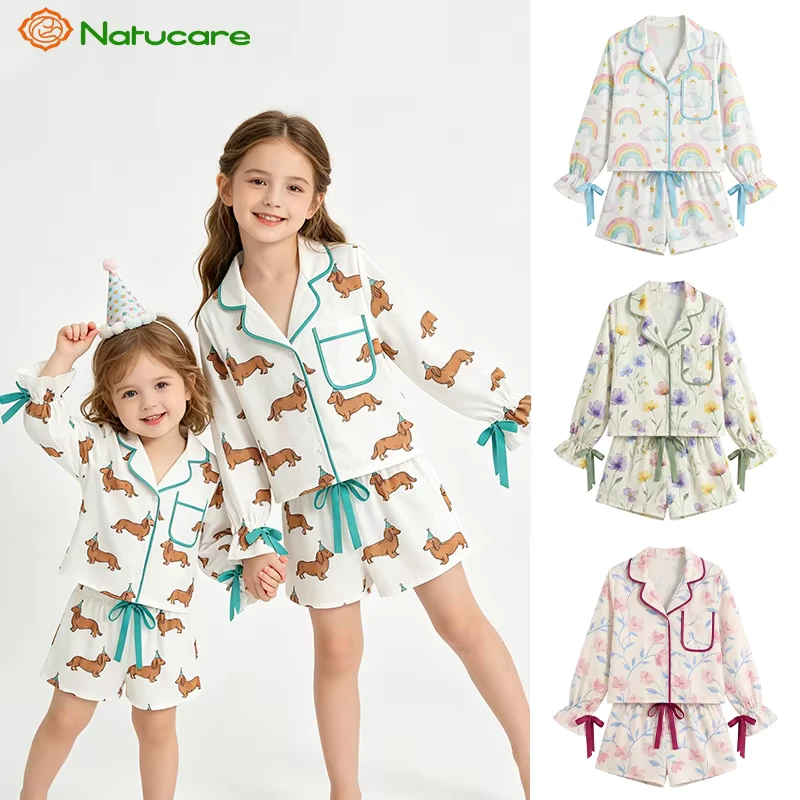 CHINEE Luxury Style Girl Sleepsuit Custom Print 2 Piece Children Pajama Set Long Ruffle Sleeve Bamboo Kids Girls Sleepwears