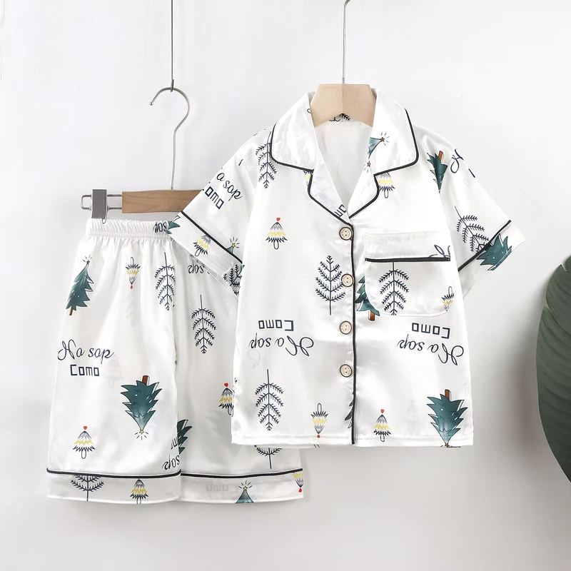 CHINEE Luxury Summer Breathable Thermal Satin Cotton Turn down Collar Sleepwear Sets Kids Two Pieces Printed Pajamas Cartoon
