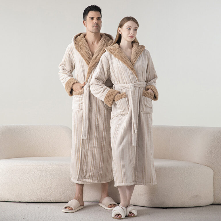 CHINEE Luxury Thermal Long Nightgown Autumn Winter Plus Size Bathrobe Double Yarn Jacquard Hooded Men Women Thickened