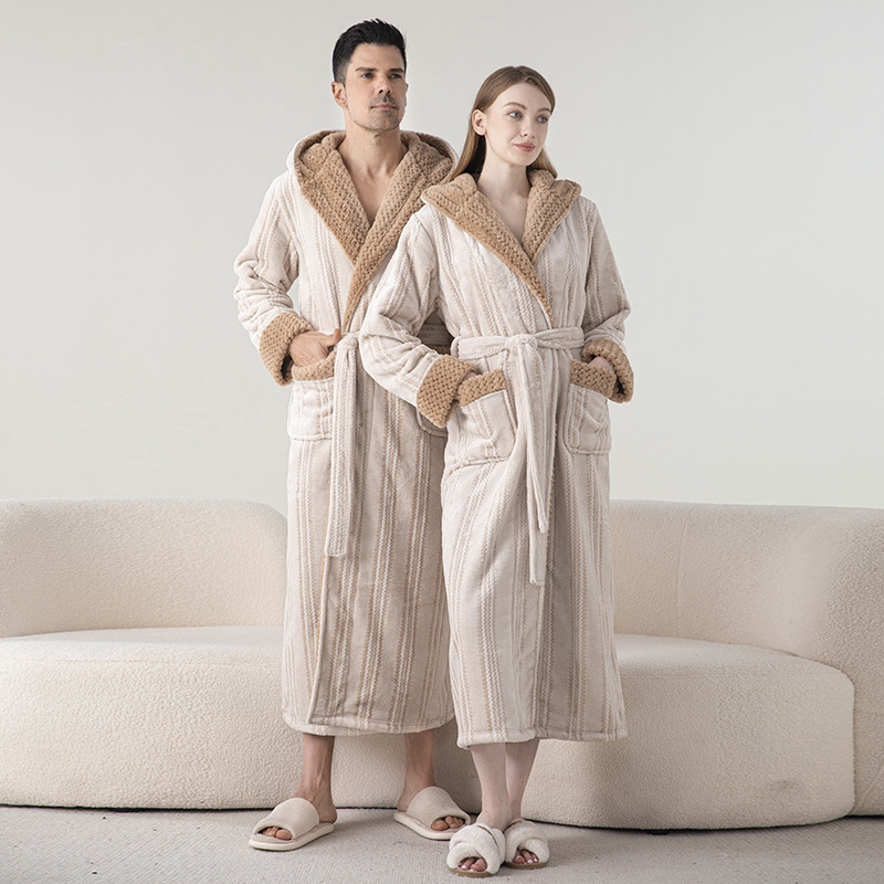 CHINEE Luxury Thermal Long Nightgown Autumn Winter Plus Size Bathrobe Double Yarn Jacquard Hooded Men Women Thickened