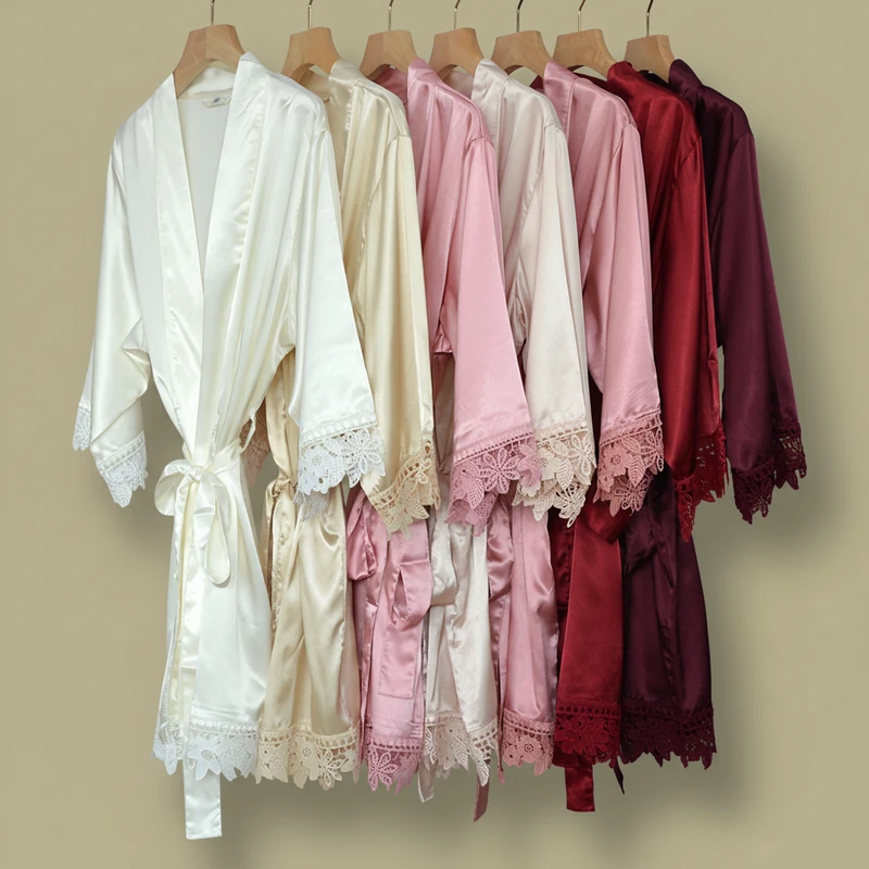 CHINEE Luxury Wedding Women Silk Satin Kimono Robe Plus Size Soft Lace Bridal Robes Bride Bridesmaid High Quality Nightdress